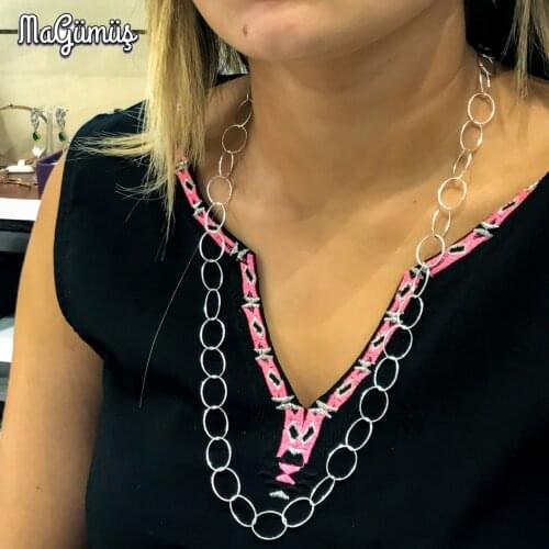 Long Chain Ring Design Silver Necklace