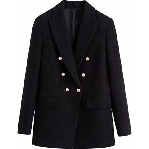 Elegant Women Woolen Blazer 2021 Office Ladies Pocket Jackets Casual Female V-Neck Slim Suits Solid Black Girls Chic Blazers