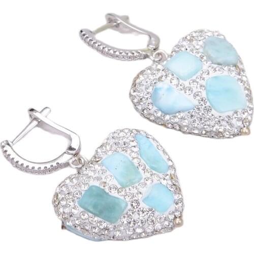 GG Jewelry Natural Blue Larimars Chips White Crystal CZ Pave Heart-Shaped Dangle Lever Back Earrings Trendy For Women Lady Gift