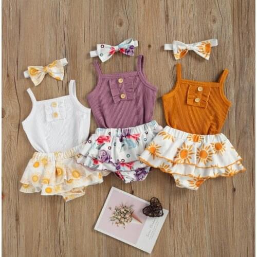 Baby Girls Outfit Summer Solid Color Sleeveless Suspender Romper Printing Short Skirt Bow Headwear Baby Set 3pcs