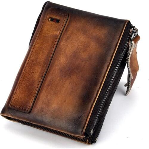 Cowhide Double Zipper Clutch Wallet Cash Coin Pocket Brush Color Credit Card Holder Genuine Leather Men Small Purse Money Bag