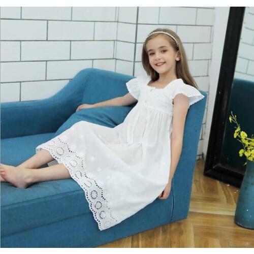 Teen Girl Nightdress Summer Girls White Cotton Sleepwear Girls Lace Nightgowns Children Clothes 3 4 5 6 8 10 Year