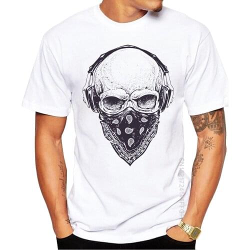 Men T Shirts 100% Cotton Skull with Headphones Design Crew Neck Casual Tops Hipster Vintage Printed T-Shirt Cool Tee