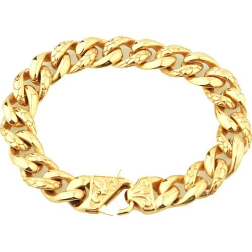13mm Mens Bracelet Gold Color Stainless Steel Biker Curb Chain Bracelets Bangles Men Hip Hop Cuban Link Bracelet jewelry