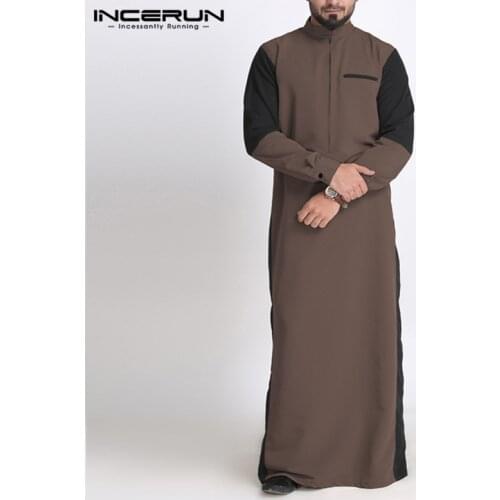INCERUN Autumn Casual Men Patchwork Stand Collar Long Sleeve Muslim Kaftan Tops Fashion Mens Robe Streetwear Abaya Jubba Thobe