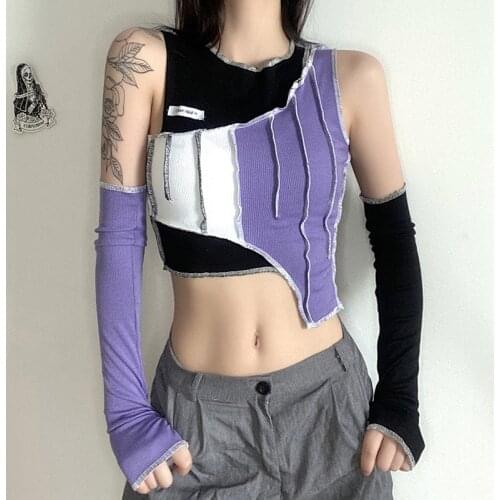 2021 New Womens Style Fashion Contrast Color Stitching Round Neck Irregular Slim Body Tights Vest with Sleeves