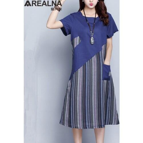 Vintage Cotton Linen Summer Midi Dress Women Plus Size Striped Patchwork Elegant Sundress Clothes Fashion Ladies Dresses Vestido