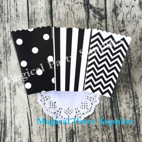 On Sale 36pcs Birthday Party Black Popcorn Box Stripe Dot Chevron Design Popcorn Bucket Candy Box Food Packing Popcorn Container