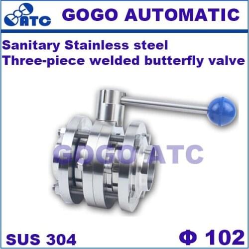 Sanitary stainless steel 304 O.D 102 mm Three-piece welded butterfly valve Butt welding Quick release quick release valve
