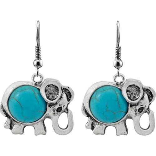 Elephant Shape Silver Plated Green Turquoises Stone Drop Earrings Animal Jewelry