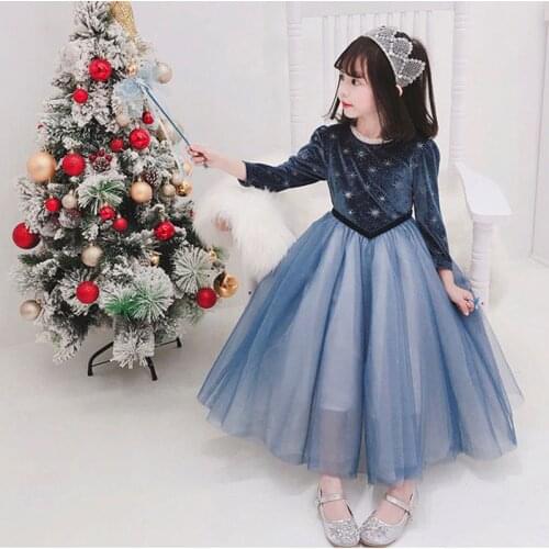 Blue Velvet Girls Dress Sonwflake Princess Mesh With Cloak 2021 New Design Ankle-Length Backless Shine Party Clothing For 2-7Y
