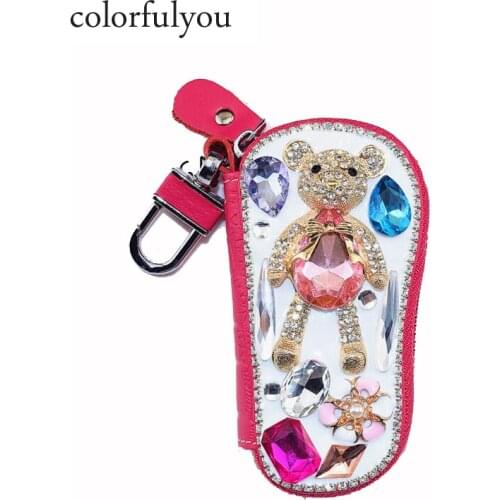 NEW Genuine Cow Leather Bag Car Key Wallets cute diamond bear Women Housekeeper Holders Carteira Key Zipper Key Pouch Case