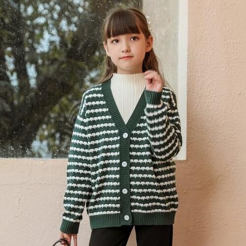 Autumn Spring Cardigan Sweater For Girls Fashion Striped Knitted Outerwear Kids Teens Soft Cotton Knitwear Casual Tops Clothes