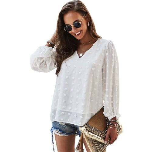 Loose Multi-color Tops 2021 Summer Long-sleeved V-neck Raised Dot Pattern Thin Sunscreen Solid Color T-shirt Women Sexy Tops