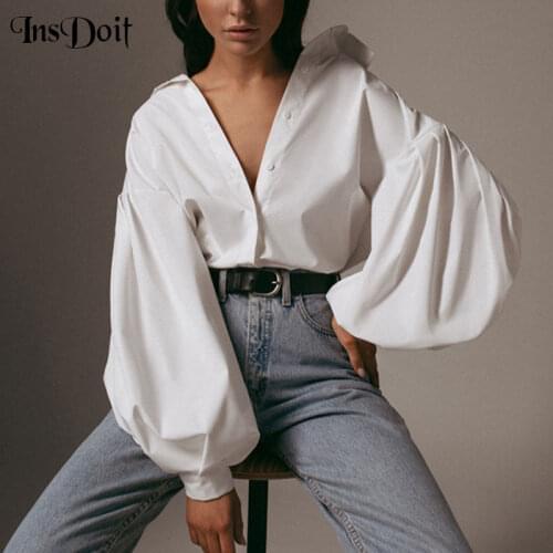 InsDoit Women Streetwear Harajuku White Black Shirt Punk Long Lantern Sleeve Oversized Shirt Elegant Casual Turndown Collar Tops