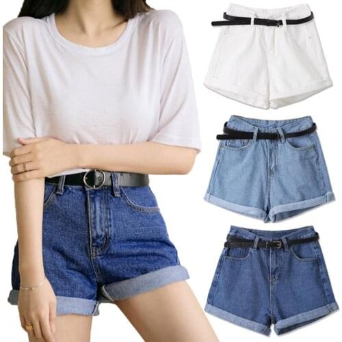 2020 Hot Sale Women Summer Solid Color High Waist Cuffed Stretch Elastic Wide Leg Pocket Short Jeans Denim Shorts S-2XL