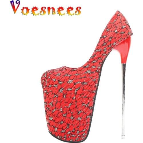 Voesnees Round Toe Sexy Women Fashion Super High Heel Large Size shoes For Party Fashion Low Top Shallow air mesh Sexy Nightclub