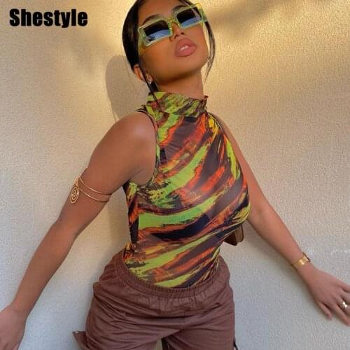 Shestyle Sleeveless Tank Mesh Body for Women Mock Neck Striped Multi Color Thong Summer See Through Net Bodysuits Clothing
