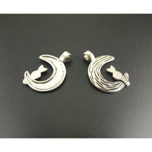 10 Pcs Silver Color Cat Moon Charm Pendants for Jewelry Making DIY Handmade Craft A913