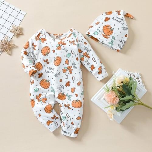 Infant Baby Casual Cotton Jumpsuit with Hat Cute 2pcs Outfits Clothings Children Thanksgiving Turkey Print Long Sleeve Romper