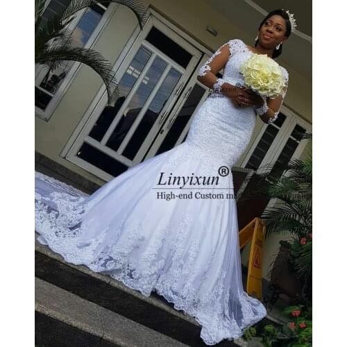 2020 Illusion Long Sleeves African Wedding Dresses Mermaid Lace Applique Wedding Gowns vestidos de novia Beaded Bridal Dresses