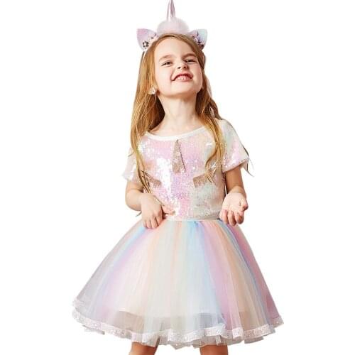 2021 New Fashion Summer Dress Suit Little Girl Sequins Vest + Rainbow Tutu Gown Kids Party Unicorn Costume 1-6T