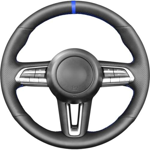 Black PU Faux Leather Blue Marker DIY Hand Stitched Car Steering Wheel Cover for Mazda 3 Axela 2019 2020 CX-30 2020 MX-30 2020