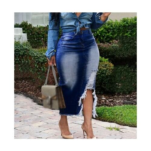 Irregular Skirts Women Trendy Retro Washed Fashion High Waist Ripped Split Denim Distressed Jeans Elastic Bodycon Long Skirt