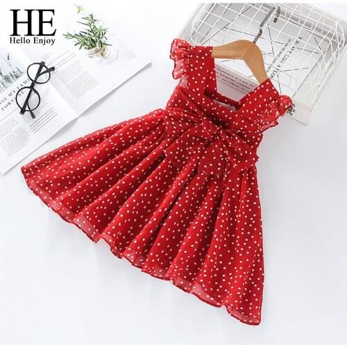 HE Hello Enjoy Summer Girls Dresses Red Dot Chiffon Dress Bow Design Elegant Kids Clothes Infantil Fashion Clothing Daily 2-6T