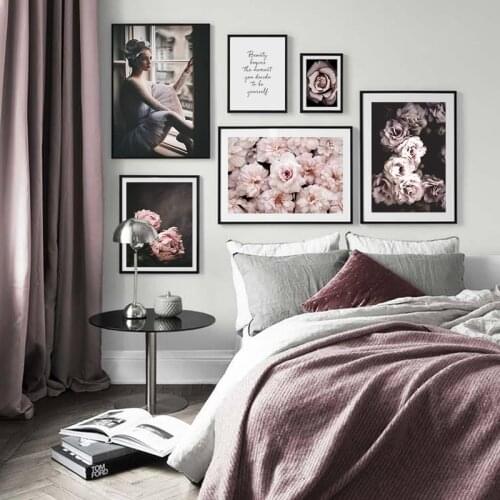 Modern Pink Peony Floral Girl Footprints Canvas Painting Wall Art Poster and Print Interior Wall Art Pictures for Living Room