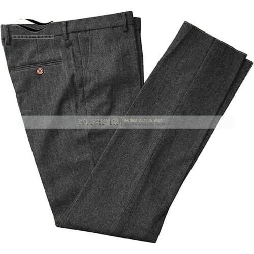 Wool Tweed Men Suit Grey Brown Pants Slim Fit Leisure Cotton Male Gentleman Herringbone Business Trousers for Wedding Groomsmen