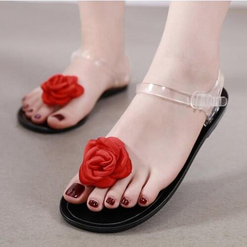 Fashion Women Bohemian Style Shoes Beautiful Rose Inlay Jelly Sexy Flat Sandals (Size 35-40)