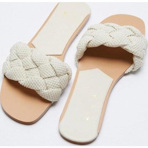 New summer women woven slides flat sandals ladies shoes fashion pearl weave shoes outdoor