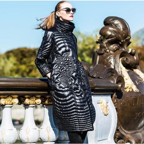Great quality down coat Winter fashion retro embroidery down coat female longer over the knee stand collar warm down parkas F666