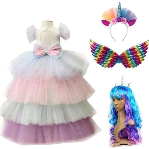 Christmas Girls Unicorn Dress with Long Tail + Wings Wig Hairband Baby Girl Princess Birthday Party Ball Gown Kids Horse Clothes