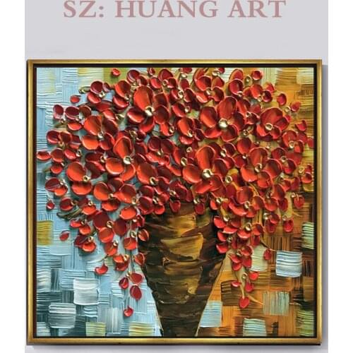 Hand draw square red orange oil painting knife painted purple bouquets of contemporary sitting room sofa study modern decoration