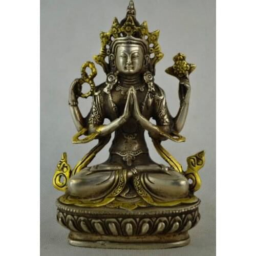 Old Handwork Miao Silver Gilding Carving Buddha Pray Exorcism Efficacious cooking tools Decoration Brass Bronzeroom Art