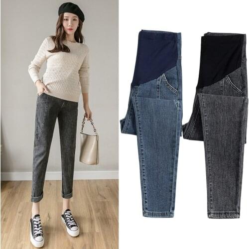 Vintgae Washed Denim Maternity Jeans for Pregnant Women Clothes Elastic Waist Belly Loose Pants Pregnancy Clothing 2021