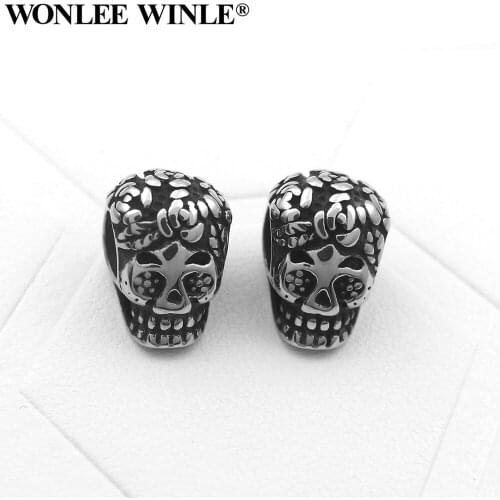 Wonlee Winle 316l Stainless Steel 4mm Hole Retro Flower Skull Bead Charm For DIY Men Bracelet Jewelry Making