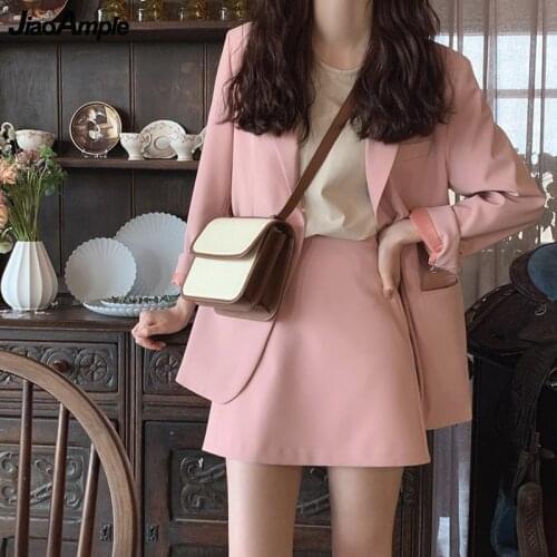 Spring Autumn Womens Fashion 2 Pcs Set 2021 Korean Office Lady Casual Loose Suit Coat+A-Line Skirts Sets Pink Cardigan Female