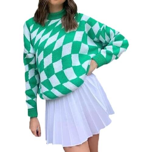 Women Loose Style Sweater Rhomboid Pattern Round Collar Long Sleeve Knitwear Pullovers Tops Purple/ Green