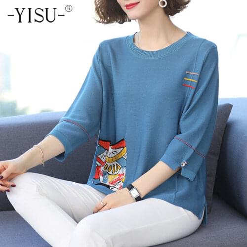 YISU Summer Loose Women Sweater O-Neck Pocket Knitted pullove Middle sleeve Summer tops Female Casual Thin Jumper Woman clothing