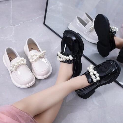 2021 Spring Autumn Girls Leather Shoes Children Flats Oxfords Classic Fashion Brand New Pearls Beading for Kindergarten Kids Hot