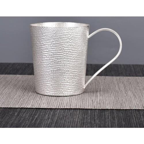 Ag999 Sterling Silver Handmade Hammer Pattern Mug For Tea Large Beer Coffee Cup With Handgrip