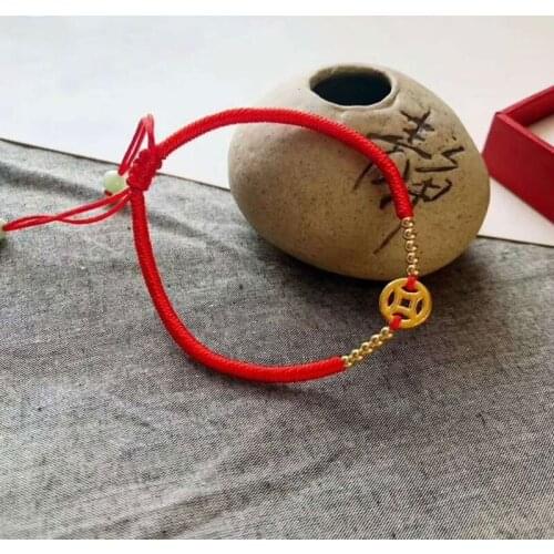 Pure 24K Yellow Gold Coin Red String Weave Bracelet Bring Lucky