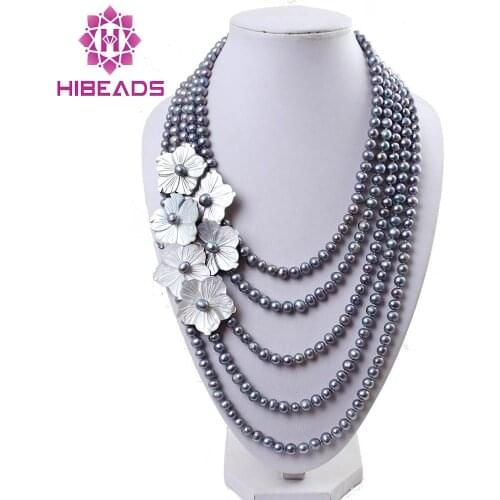 Marvelous 5 Rows Freshwater Pearl Necklace Pretty Shell Flower Cluster Design Bridal Wedding Pearl Jewelry Hot BN295