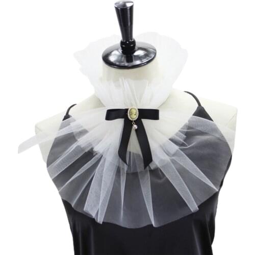 Women Victorian Ruffled Mesh Jabot Diamond Bowknot Pirate Colonial Detachable Fake Stand Collar Vintage Steampunk Shirt Front N