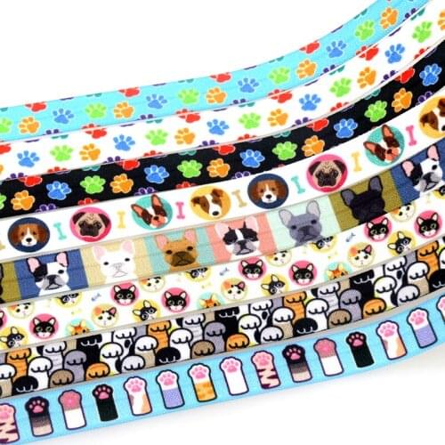 DHK 5/8'' 50yards Dog Cat Paw printed Fold Elastic FOE stretch ribbon hairbow headwear headband DIY OEM S1482