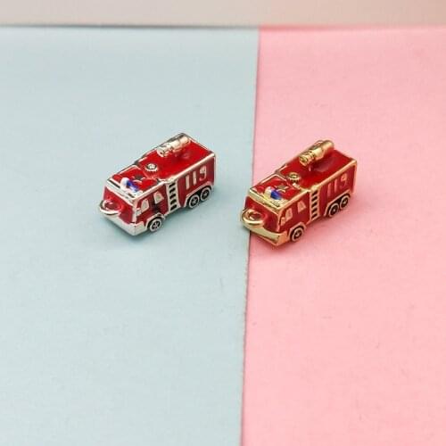 5PCS Lucky Stereoscopic Fire Truck Enamel Pendant Charms Gold Tone Oil Drop DIY Handmade Bracelet Floating Charms YZ684