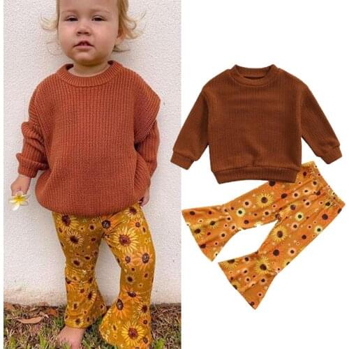 FOCUSNORM 1-6Y 2pcs Kids Girls Lovely Clothes Sets Long Sleeve Knitting Solid Pullover Sweater Tops Flowers Flare Pants